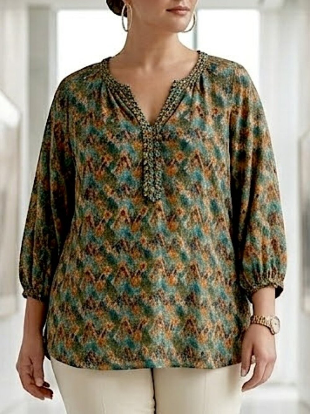 Democracy 3/4 Sleeve Braided Neck High Low Hem Printed Woven Women's Top 2X